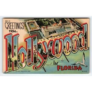 Greetings From Hollywood Florida Large Letter Linen Postcard Curt Teich Beach